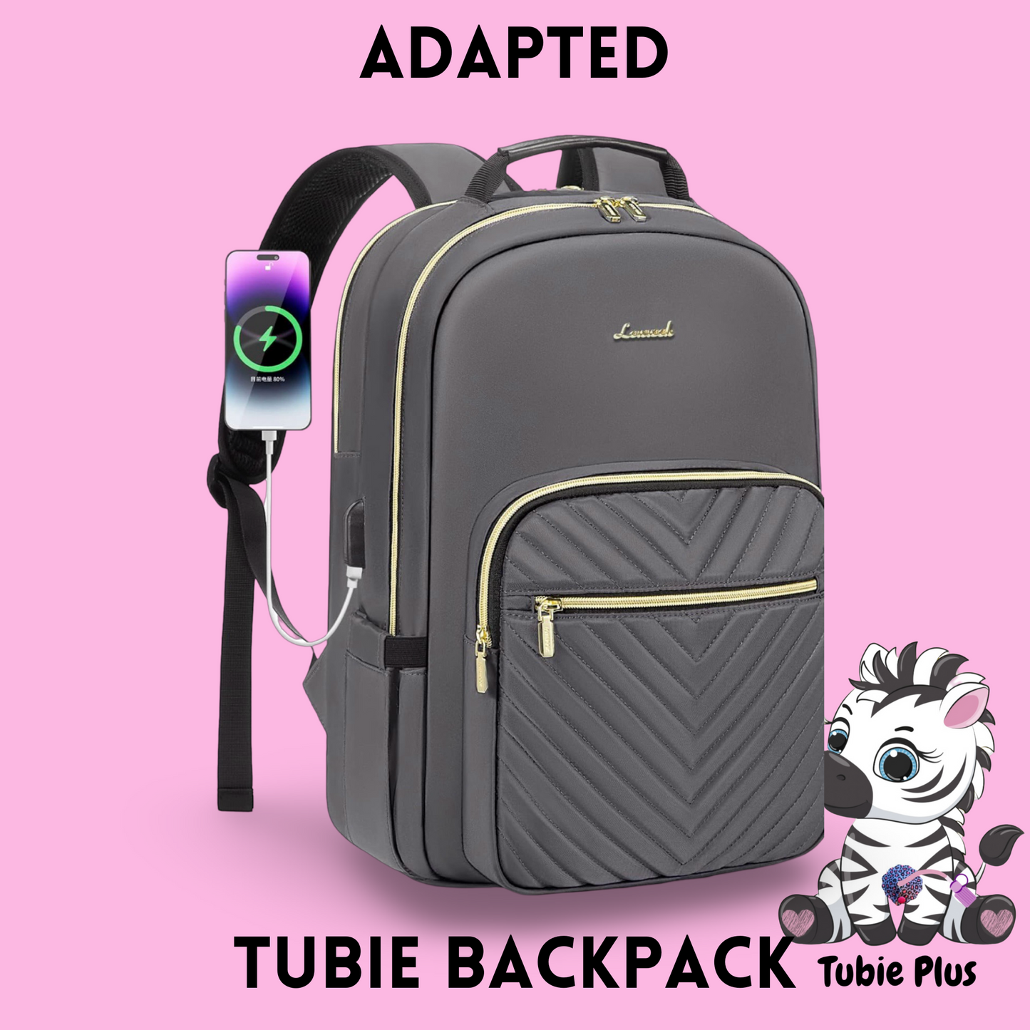 Grey Feeding Tube Backpack, Tubie Backpack, Adapted Backpack