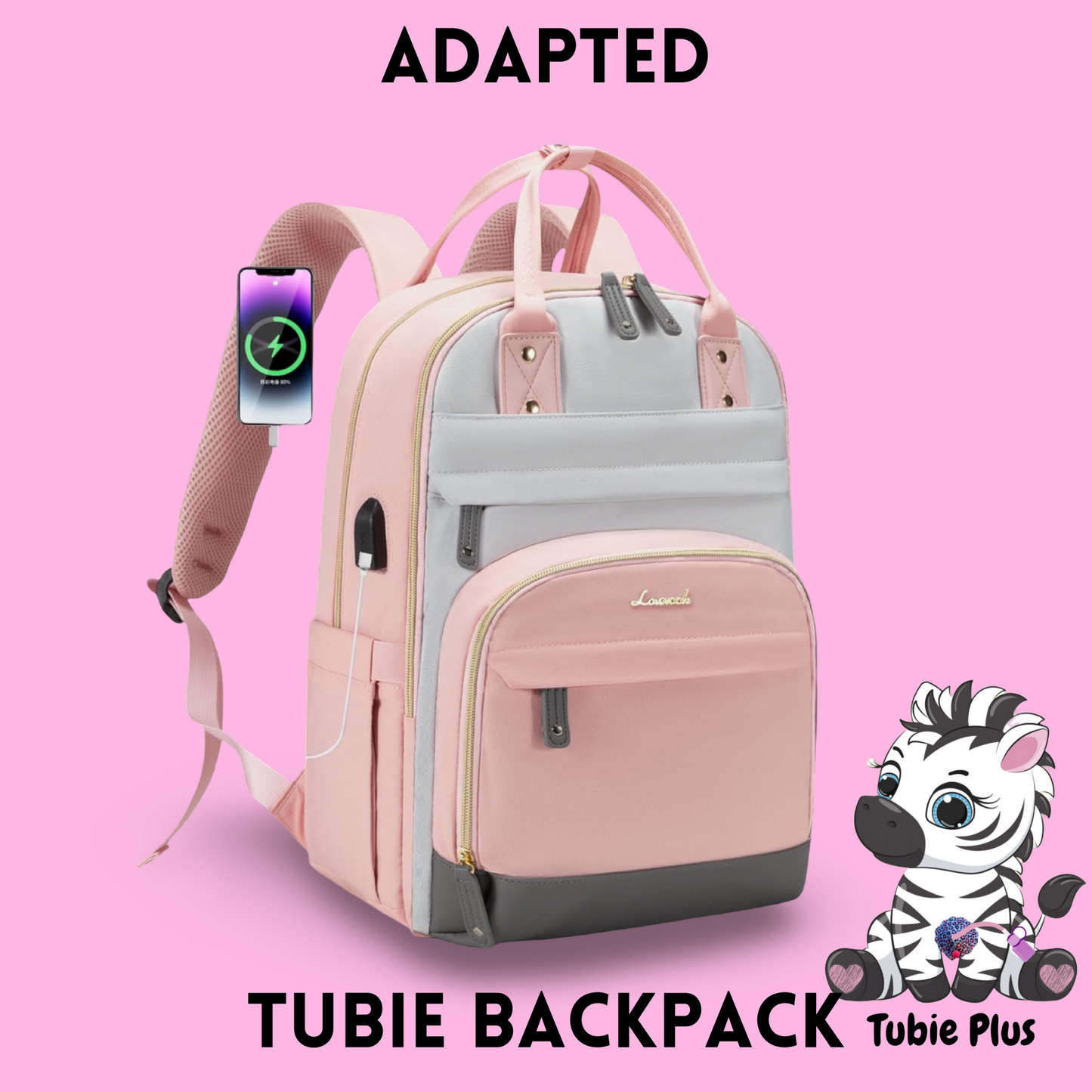 Pink & Grey Feeding Tube Backpack, Tubie Backpack, Adapted Backpack