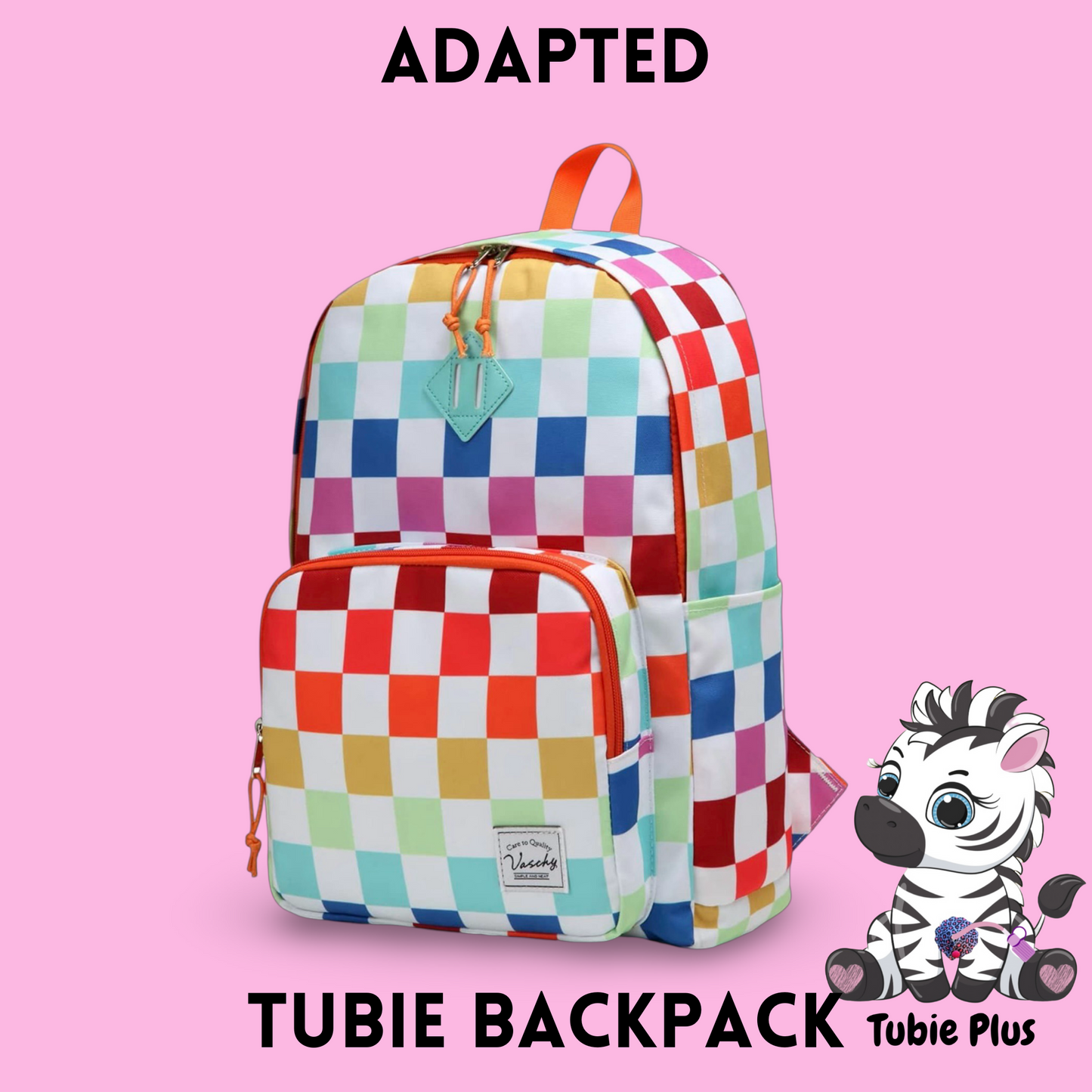 Coloured Check Feeding Tube Backpack, Tubie Backpack, Adapted Backpack